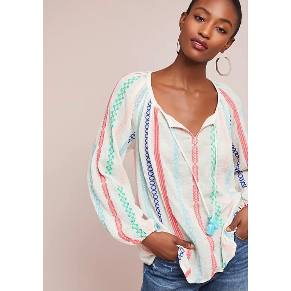 Anthropologie Payal Pratap Manna Embroidered Peasant Blouse XL Boho Tassel